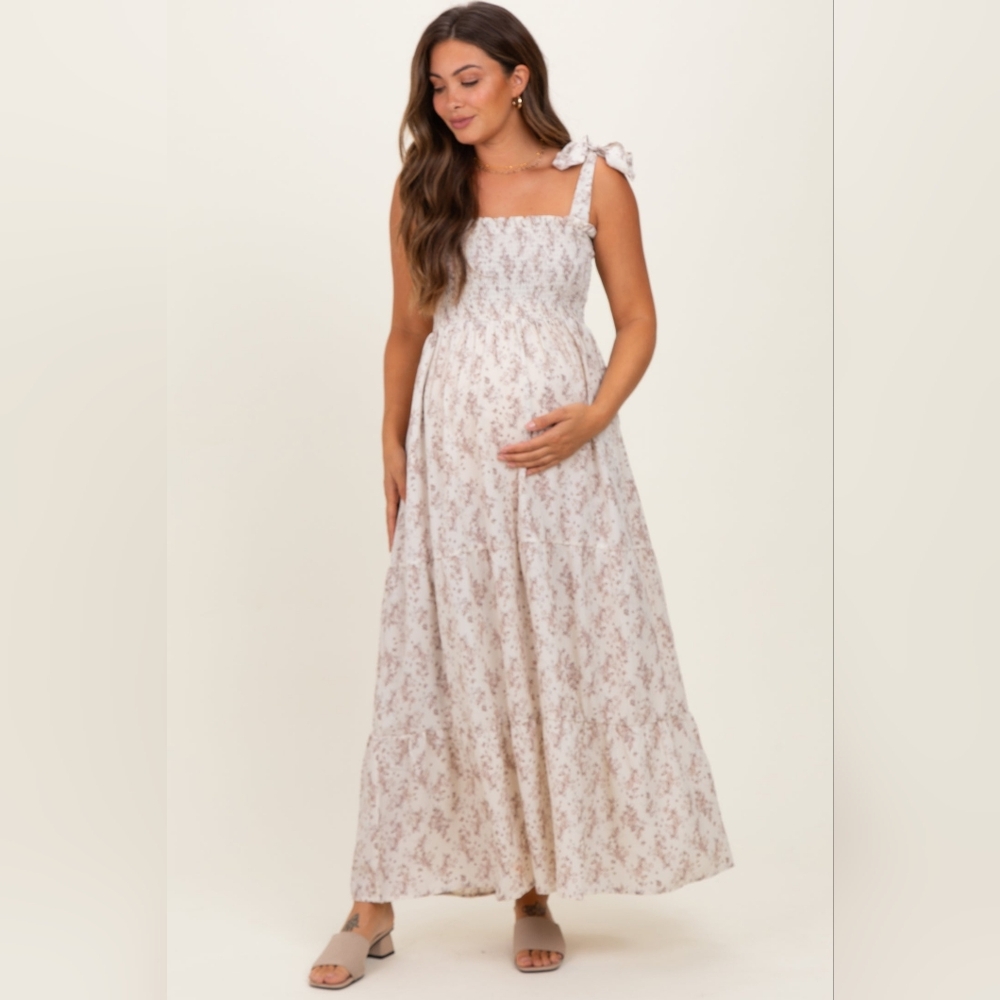 Pinkblush Maternity Dress NWT Shoulder Tie Maxi Ivory Floral